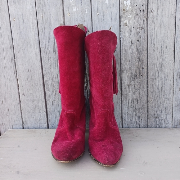 Vtg 70s Red Suede Western Cowgirl Boots Women's Size 8M High Heel Fringe Boho - Picture 3 of 8